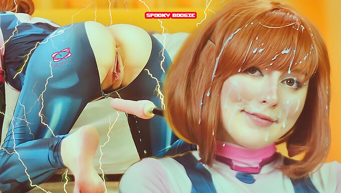 Az Én Hős Akadémiám Rajongói Fantázia: Uravity Cosplay-El Játszik, Mint Midoriya, És Megpróbál Nem Elélvezni A Gépi Szex Közben A Spooky Boogie-Ban